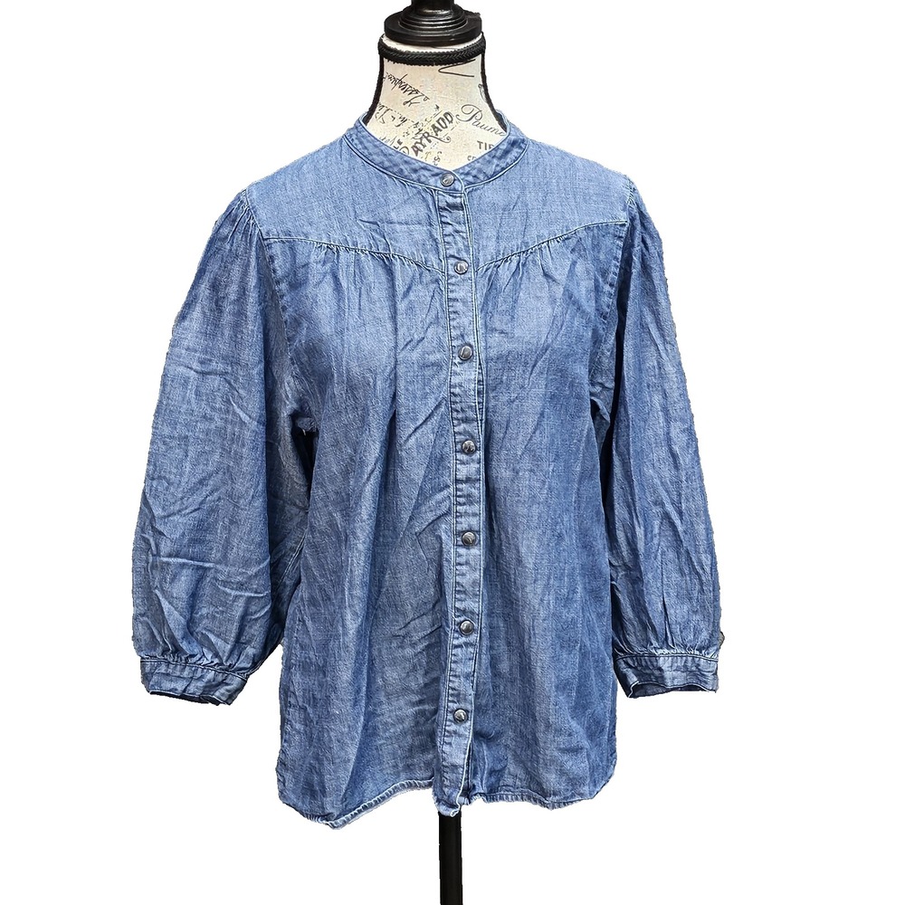 J. McLaughlin Chambray Top Womens L Denim Linen Blend Balloon Sleeve Snap Front‎